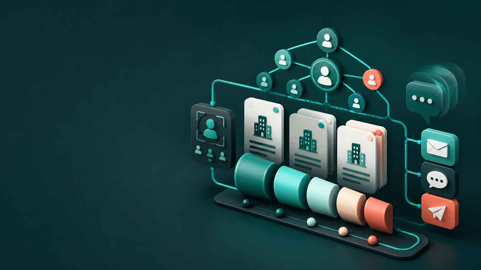 Ilustração de operação outbound com empresas, decisores e pipeline
