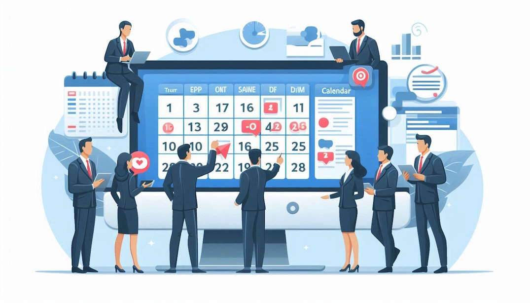 Equipe de vendas olhando o calendário integrado no CRM em um computador