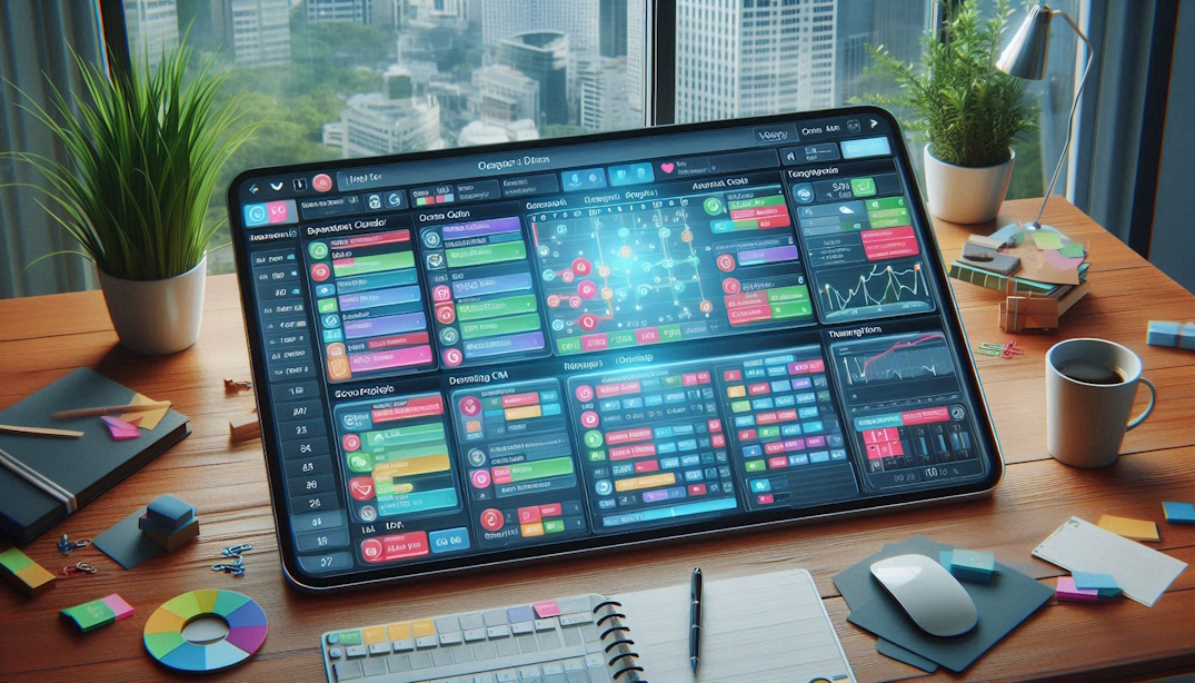 Tela de CRM com calendário integrado mostrando eventos e tarefas da semana