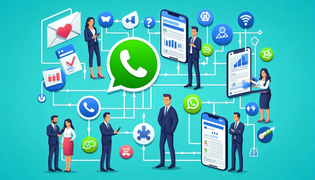 diagrama com ícones representando WhatsApp, CRM e outros sistemas conectados