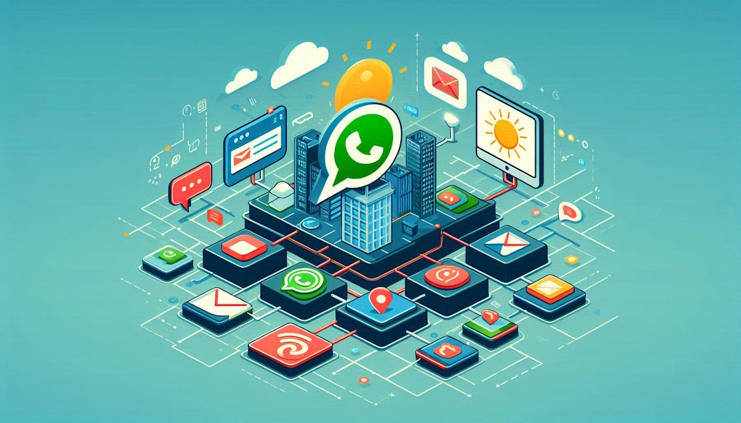 Imagem ilustrativa mostrando integração de WhatsApp, e-mail e chat em um sistema