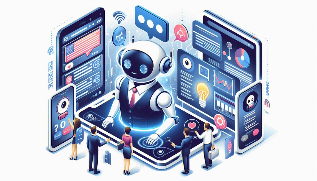 Ilustração de chatbot atendendo clientes em vários dispositivos