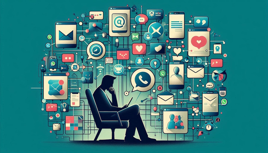 Ilustração de vários ícones de comunicação desconectados entre si, como WhatsApp, e-mail e redes sociais