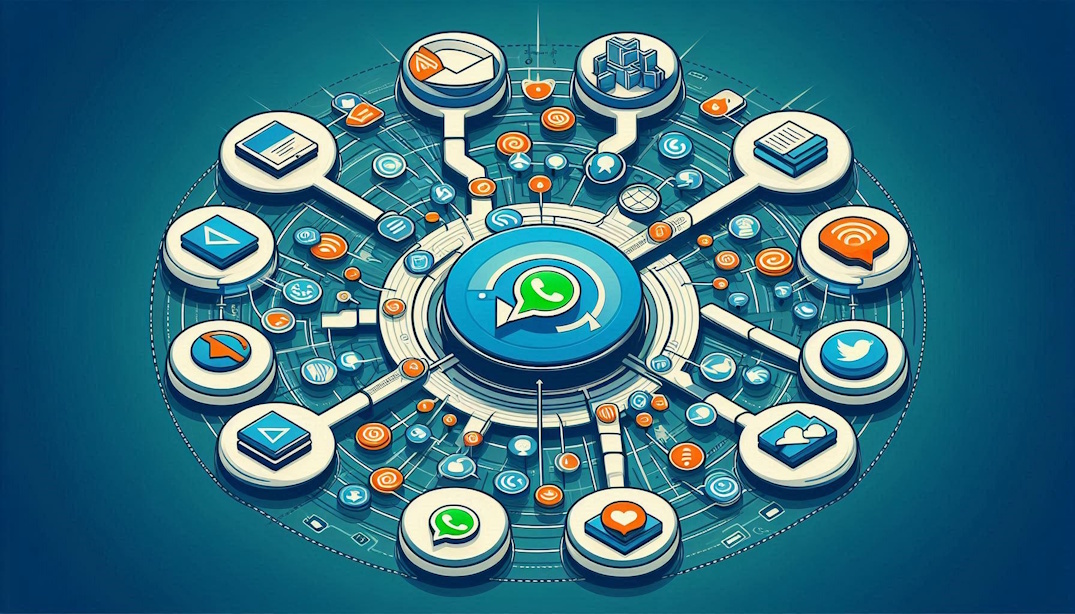 Diagrama de vários canais de comunicação conectando-se a um mesmo sistema central