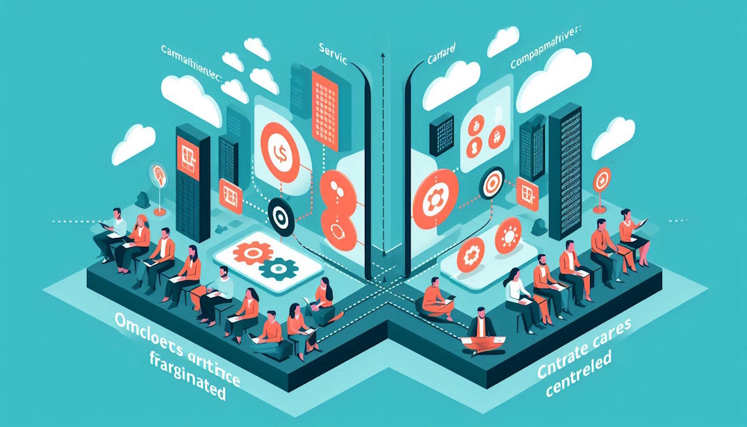 Ilustração comparativa mostrando múltiplos canais isolados de um lado e um sistema unificado do outro