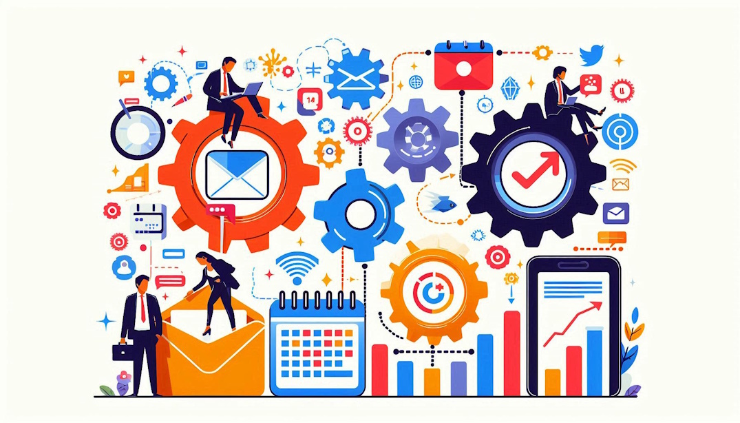 Ilustração de engrenagens integrando e-mails