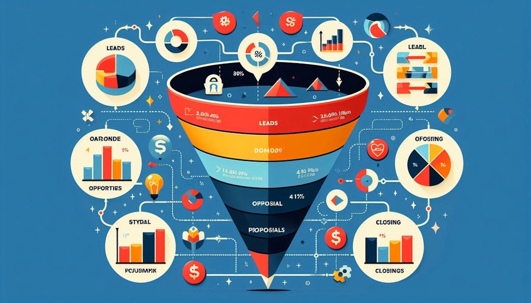 Ilustração de um funil de vendas com dados e percentuais em cada estágio, simbolizando gestão do funil orientada por métricas