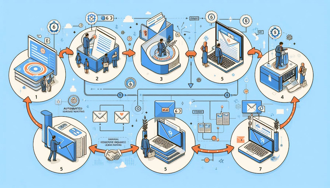 Fluxograma ilustrando cinco etapas de e-mails em sequência automatizada para nutrição de leads