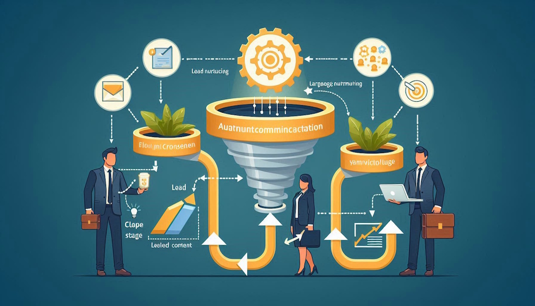 Diagrama ilustrando nutrição de leads com automação de marketing segmentada por estágio