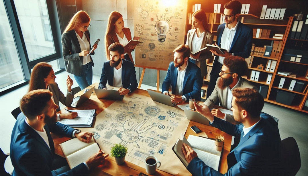 Colaboradores em reunião de planejamento de comunicação
