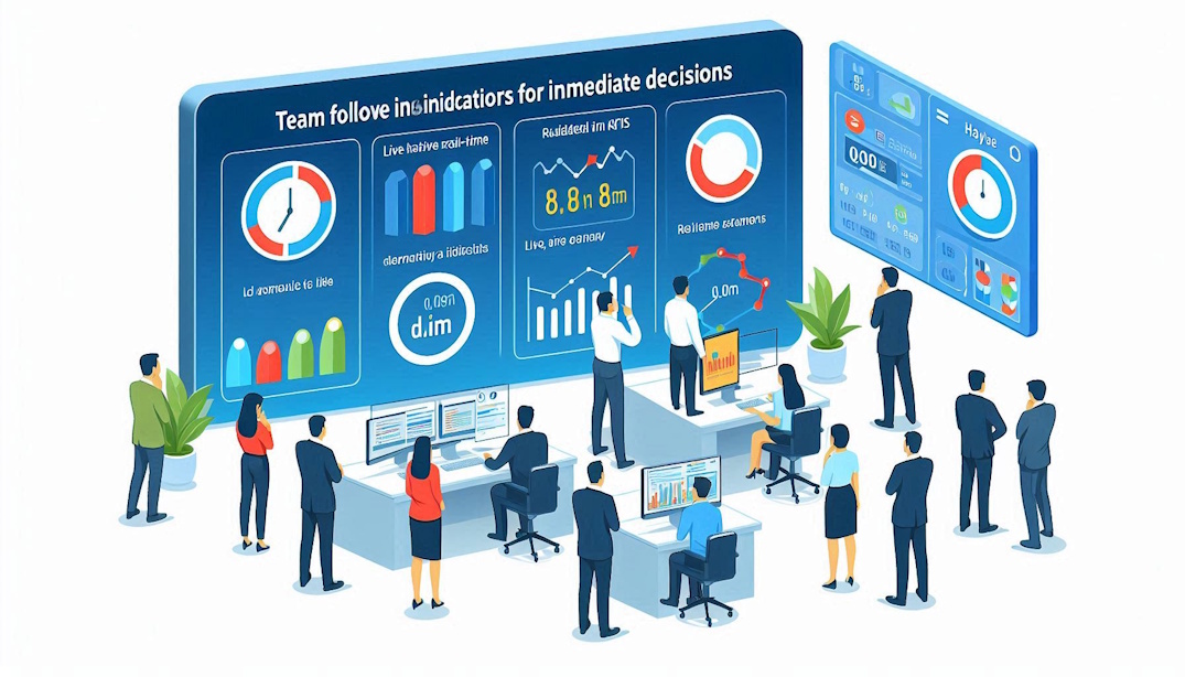 equipe analisando um grande dashboard de KPIs em tempo real