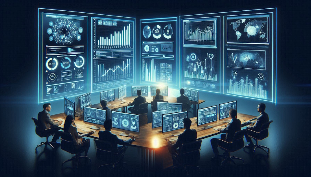 Equipe de vendas analisando dados de prospecção em telas