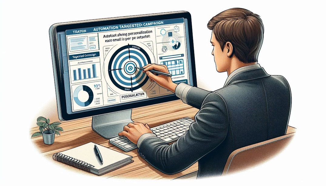 Mão digitando em notebook, tela mostra segmentação e personalização de campanhas